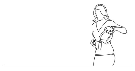 Sticker - continuous line drawing vector illustration with FULLY EDITABLE STROKE of of woman pouring coffee in cup