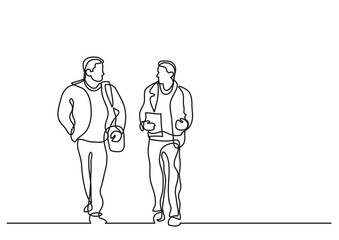 Poster - continuous line drawing vector illustration with FULLY EDITABLE STROKE of two men walking talking