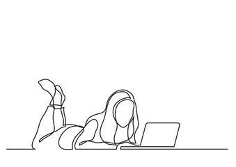 Poster - continuous line drawing vector illustration with FULLY EDITABLE STROKE of woman lying with laptop