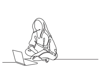 Canvas Print - continuous line drawing vector illustration with FULLY EDITABLE STROKE of young woman sitting with laptop