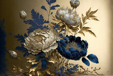 A Wallpaper Of A Rococo Blooms Flowers Dreamy Intricate Details Pastel Scheme Blue Gold  Tone Fantasy Fairytale Aesthetic Rococo Luxurious Style Background,generative Ai.