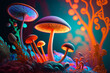 A psilocybin mushroom composition, vibrant swirling colour patterns and shapes in bright colors on the background, psychedelic art style