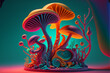 A psilocybin mushroom composition, vibrant swirling colour patterns and shapes in bright colors on the background, psychedelic art style