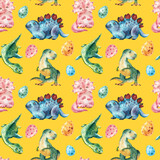 Fototapeta Dinusie - Watercolor pattern with dinosaurs. Children's drawings of various dinosaurs on a yellow background