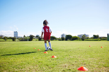 Canvas Print - Soccer, mockup or sports and a girl training alone with a ball on a field for practice or skill. Fitness, football and grass with a kid running or dribbling on a pitch for competition or exercise