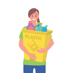 Poster - Cartoon Color Character Girl Holding Trash Bin with Plastic Recycling Waste Concept Flat Design Style. Vector illustration