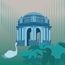Palace Of Fine Arts At San Francisco California. Leisure Goose In Pond, Isolated Vector & Layer Illustration For Poster, Wall Art, Sticker And Any Souvenir.