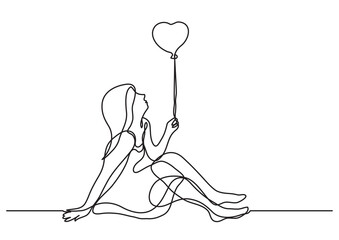 Poster - continuous line drawing vector illustration with fully editable stroke - girl with heart balloon