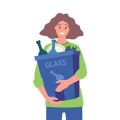 Poster - Cartoon Color Character Girl Holding Trash Bin with Glass Recycling Waste Concept Flat Design Style. Vector illustration