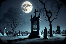 Old Cemetery At Full Moon. AI Generated