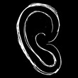 Stylized human ear. Ancient Egyptian style. Hand drawn linear doodle rough sketch. White silhouette on black background.