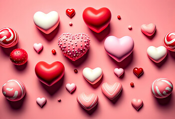 Wall Mural - hearts red, pink, white are laid out on a pink background, 3d illustration