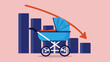 Birth rate decline - Baby stroller in front of graph diagram with red arrow pointing down. Metaphor for low fertility rate problem. Flat design animation
