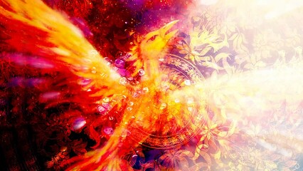 Poster - Flying phoenix bird as symbol of rebirth and new beginning and ancient ornament in background. Loop Animation