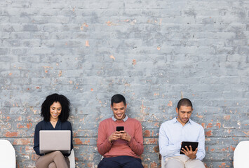 Diversity, recruitment or business people waiting at startup company, job interview or hiring team. Teamwork, mockup wall or employee for cyber security, technology collaboration or programmer work