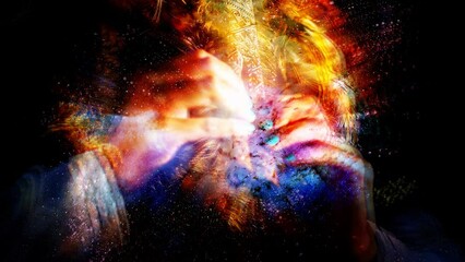Poster - girl playing on wooden ornamental flute in cosmic space. Loop Animation