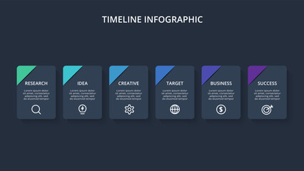 Timeline infographic with 6 elements template for web on a black background, business, presentation, vector illustration