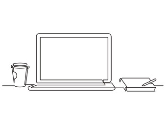 Poster - continuous line drawing vector illustration with FULLY EDITABLE STROKE of laptop computer coffee notepad