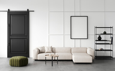 Wall Mural - 3d rendering of modern living room with beige sofa, coffee table, black barn door, open shelf with decor. Decorative white wall panel. Empty white frame for art on wall. Frame mockup. 3d rendering