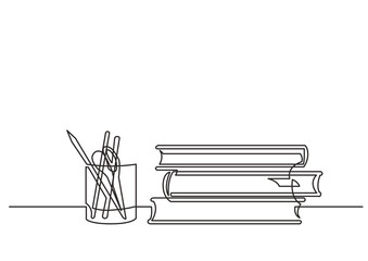 Poster - continuous line drawing vector illustration with fully editable stroke of work books pencils