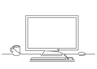 Poster - continuous line drawing vector illustration with FULLY EDITABLE STROKE of work desk computer coffee