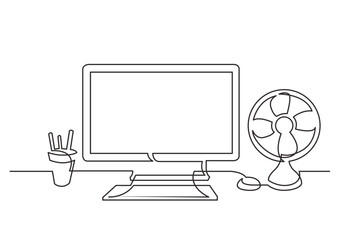 Canvas Print - continuous line drawing vector illustration with FULLY EDITABLE STROKE of work desk computer cooling fan