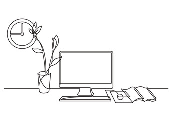 Wall Mural - continuous line drawing vector illustration with FULLY EDITABLE STROKE of work desk computer flower