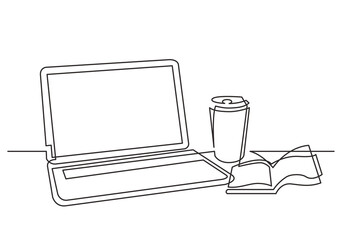 Poster - continuous line drawing vector illustration with fully editable stroke of work desk laptop