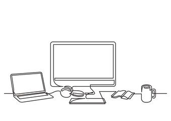 Poster - continuous line drawing vector illustration with fully editable stroke of work desktop computer lapt