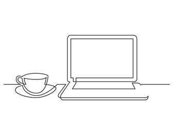 Poster - continuous line drawing vector illustration with fully editable stroke of work laptop computer cup o