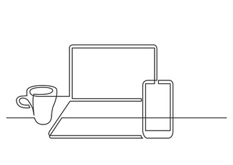 Poster - continuous line drawing vector illustration with fully editable stroke of work laptop computer mobil
