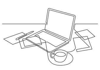Poster - continuous line drawing vector illustration with fully editable stroke of work laptop computer paper