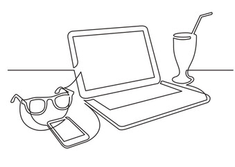 Poster - continuous line drawing vector illustration with fully editable stroke of work laptop phone sunglass
