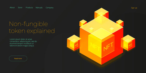 NFT abstract concept illustration in isometric design. Non-fungible token blockchain or marketplace. Cryptographic technology web banner layout.