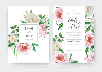 Wall Mural - Floral wedding invitation, save the date card set. Cream rose flowers, pink peony flower, greenery garden leaves bouquet frame, border. Editable, watercolor style vector Illustration. Elegant template