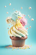 Cupcake explosion. Gâteau muffin cupcake glace qui explose. Generative AI.