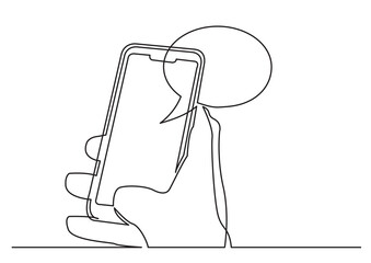 Poster - continuous line drawing vector illustration with FULLY EDITABLE STROKE of hand using social media app on mobile phone