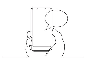 Poster - continuous line drawing vector illustration with FULLY EDITABLE STROKE of hand using social media mobile app on smart phone