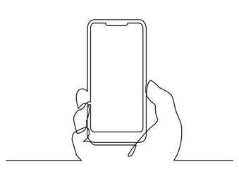 Poster - continuous line drawing vector illustration with FULLY EDITABLE STROKE of hand with modern mobile phone