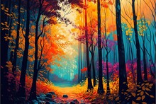  A Painting Of A Colorful Forest With A Path Leading To A Bright Sunlit Forest With Trees And Leaves On Either Side Of The Path Is A Bright Blue Sky And Yellow, And Orange. Generative AI