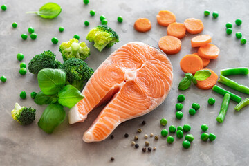 Poster - Fresh raw salmon steak with vegetables. Ingredients for cooking delicious and healthy food. Diet, dietary food concept