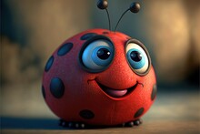  A Red Lady Bug With Big Eyes And A Smile On Its Face, Sitting On A Table With A Dark Background And A Black Spot On The Face Of The Bug, With A Black Spot. Generative AI
