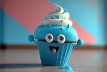 A Blue Cupcake Character. Generative AI