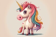  A Cartoon Unicorn With A Colorful Mane And A Pink Nose And Tail, Standing In Front Of A Light Pink Background With A Pink Background And White Border With A Pink Border With A Pink. Generative AI