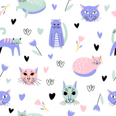 Wall Mural - Playful cute cats with hearts and abstract decor hand drawn. Seamless vector pattern for fabric or wallpaper.