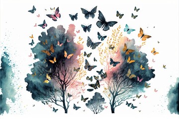 Poster -  a painting of a group of trees with butterflies flying around them on a white background with a blue and pink watercolor splash effect behind it and a white background. Generative AI