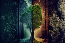  A Series Of Three Images Of Trees In A Forest With A Path Between Them And A Forest With A Path Between Them, With A Light At The End Of The Trees And A Dark. Generative AI
