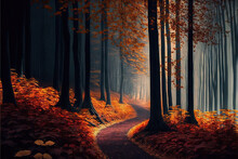  A Painting Of A Path In A Forest With Trees And Leaves On The Ground And A Path Leading To The Light At The End Of The Woods With A Trail In The Middle Of The Picture. Generative AI
