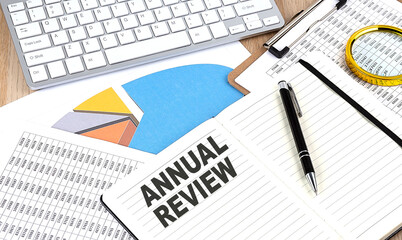 Poster - ANNUAL REVIEW text on notebook with chart and keyboard