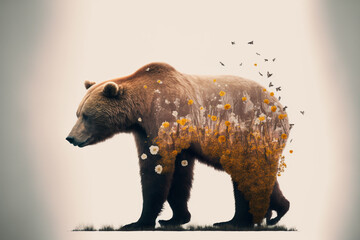 Wall Mural - Minimal style double exposure with a bear and forest. Generative Ai. 